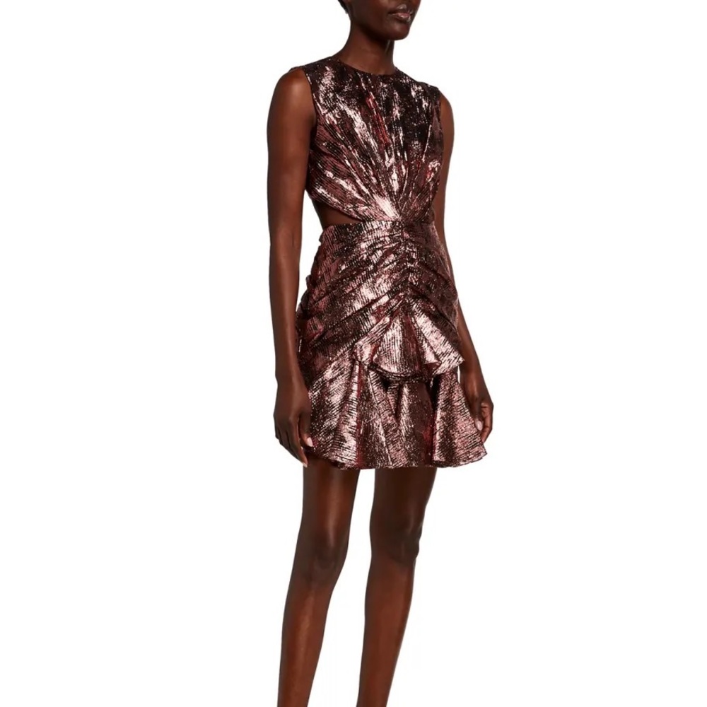 Halpern Ruched Metallic Cutout-Back Mini Dress sleeveless with a ruffle size 4